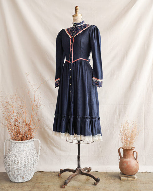 Call of Home Dress-vintage 1970s Gunne Sax denim prairie dress-Adored Vintage