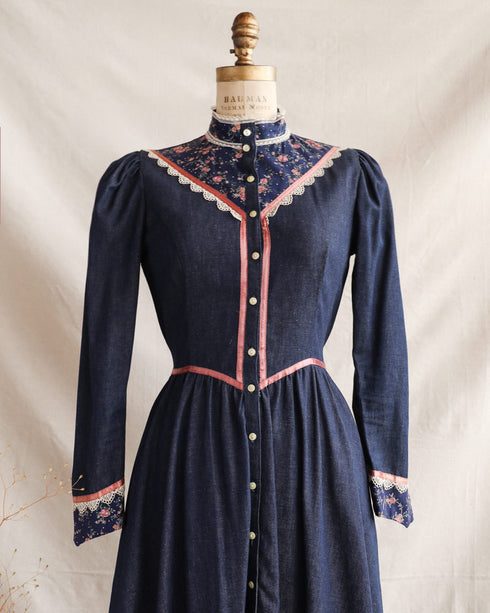 Call of Home Dress-vintage 1970s Gunne Sax denim prairie dress-Adored Vintage